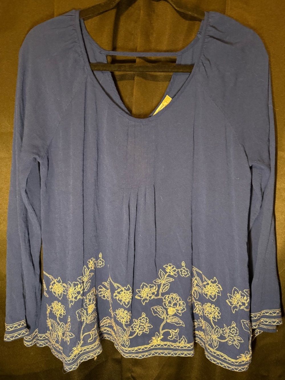 Blu Pepper Blue Long-Sleeve Embroidered Tunic with Cream Floral Trim